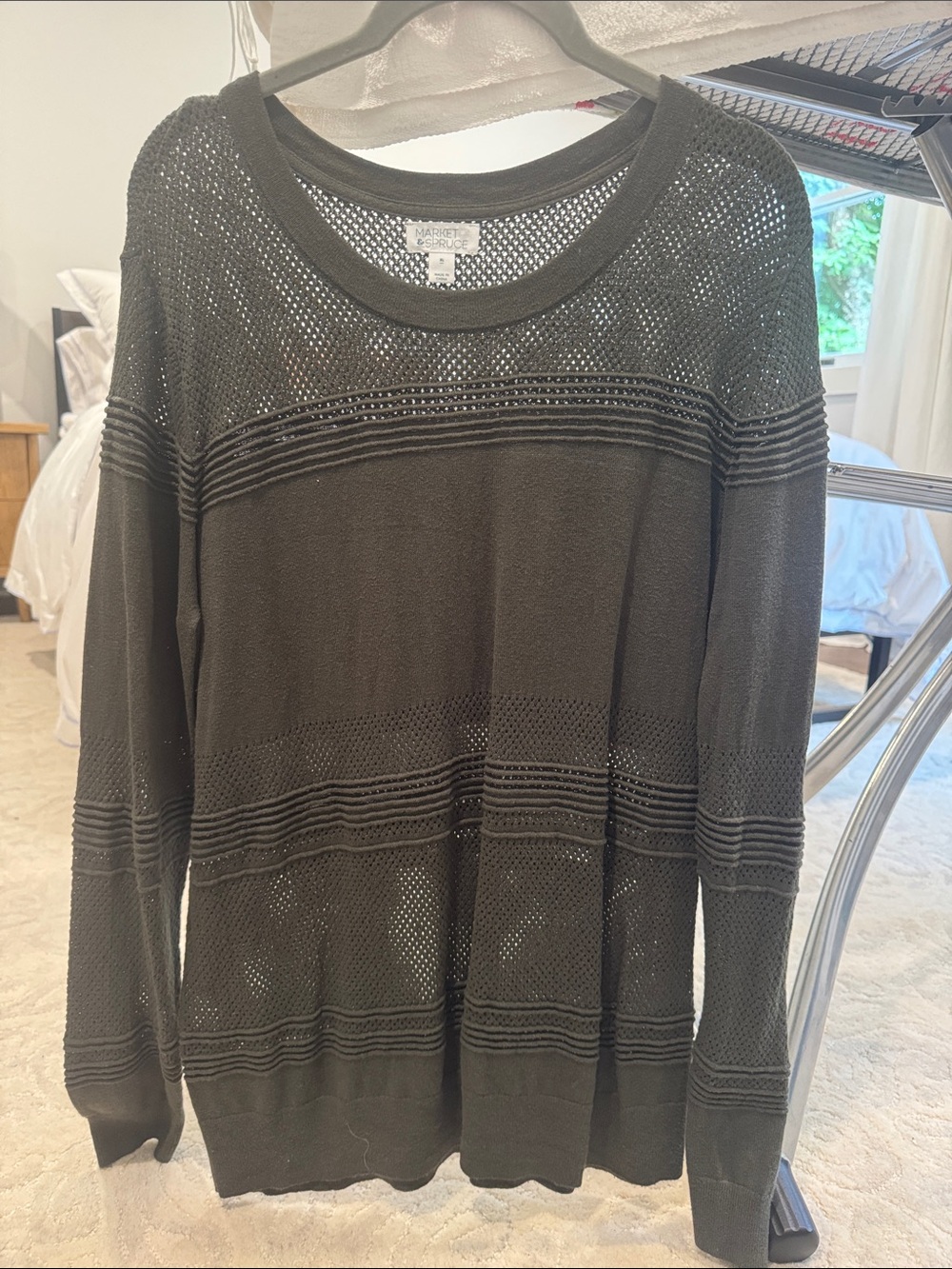 Market & Spruce Olive Open-Knit Crew Sweater